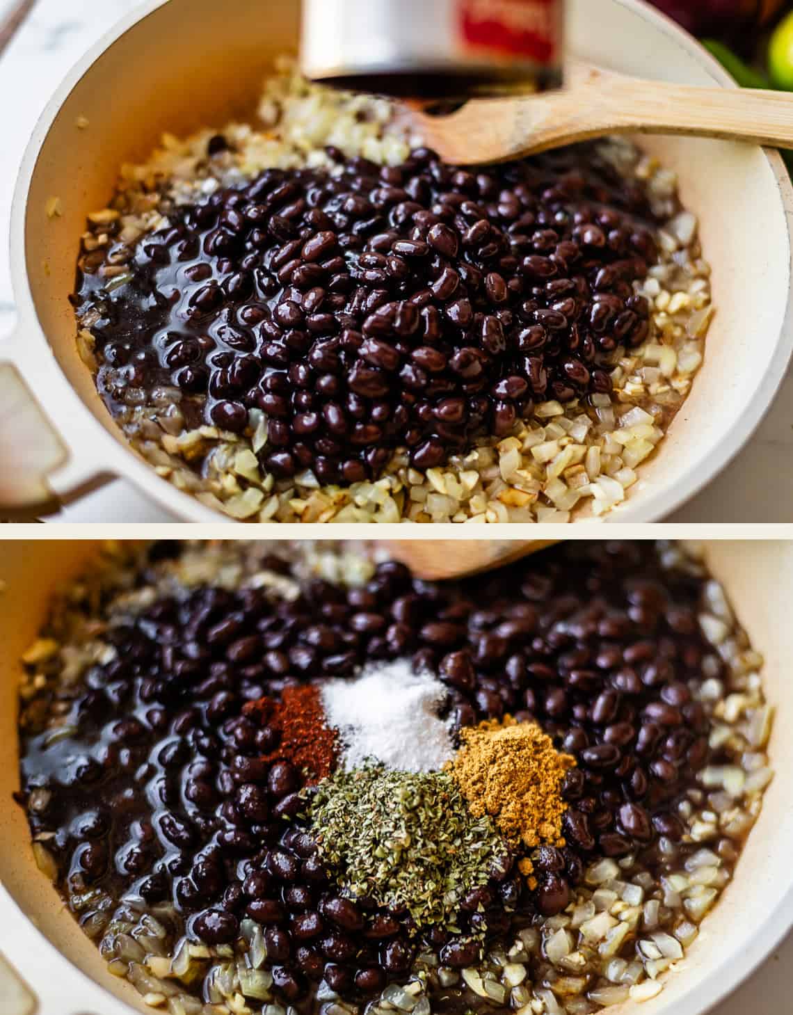 Top: Black beans and sautéed onions in a pan with a wooden spoon. Bottom: Same pan with added spices including salt, dried herbs, cumin, and chili powder on top of the beans and onions.