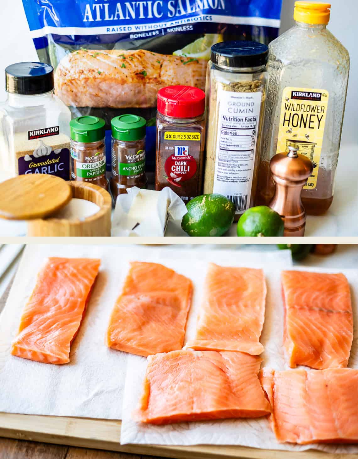 Seasonings, honey, and limes are arranged behind a bag of Atlantic salmon in the top section. Below, six raw salmon fillets rest on paper towels, ready for preparation.