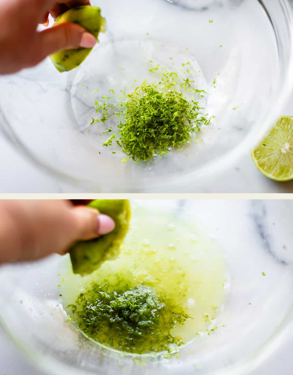 A hand grates lime zest into a clear bowl in the top image, and squeezes lime juice over the zest in the bottom image, with a halved lime nearby.