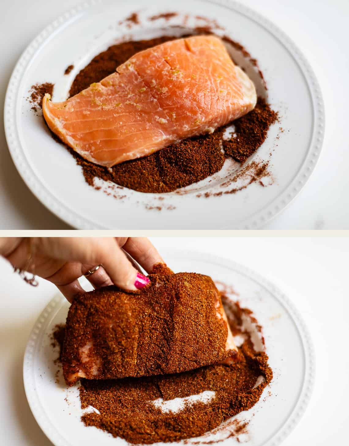 Two images: a raw salmon fillet on a plate with dark spice mix, and a hand rubbing the spice mix onto the salmon, coating it evenly.