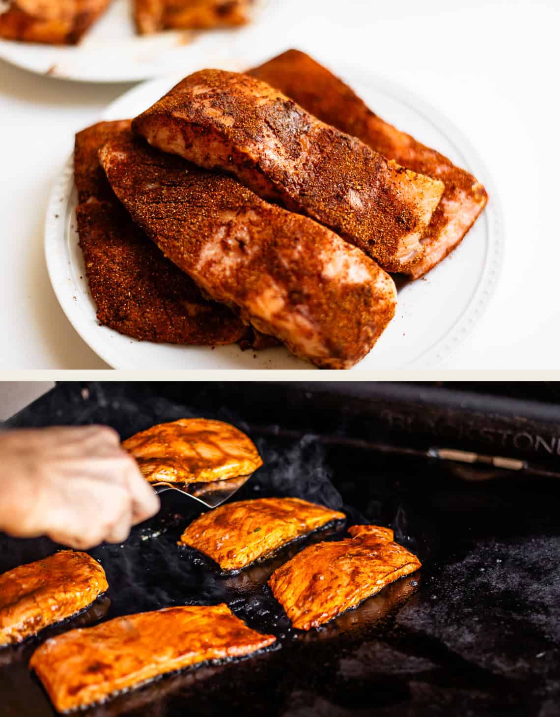 Top: A plate piled with dry-rubbed salmon fillets. Bottom: Salmon fillets being cooked on a hot grill, one piece being lifted with a spatula.