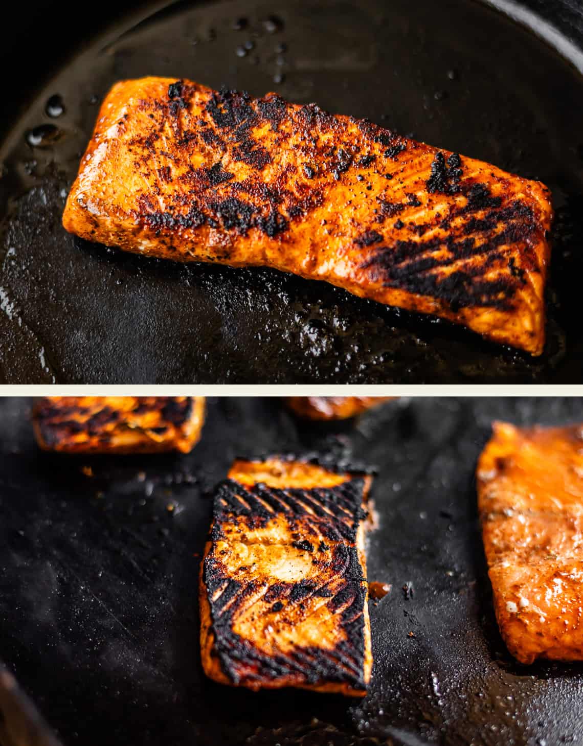 Two close-up shots of a piece of salmon cooking in a pan, with a spicy, well-seared crust and visible grill marks on the surface.