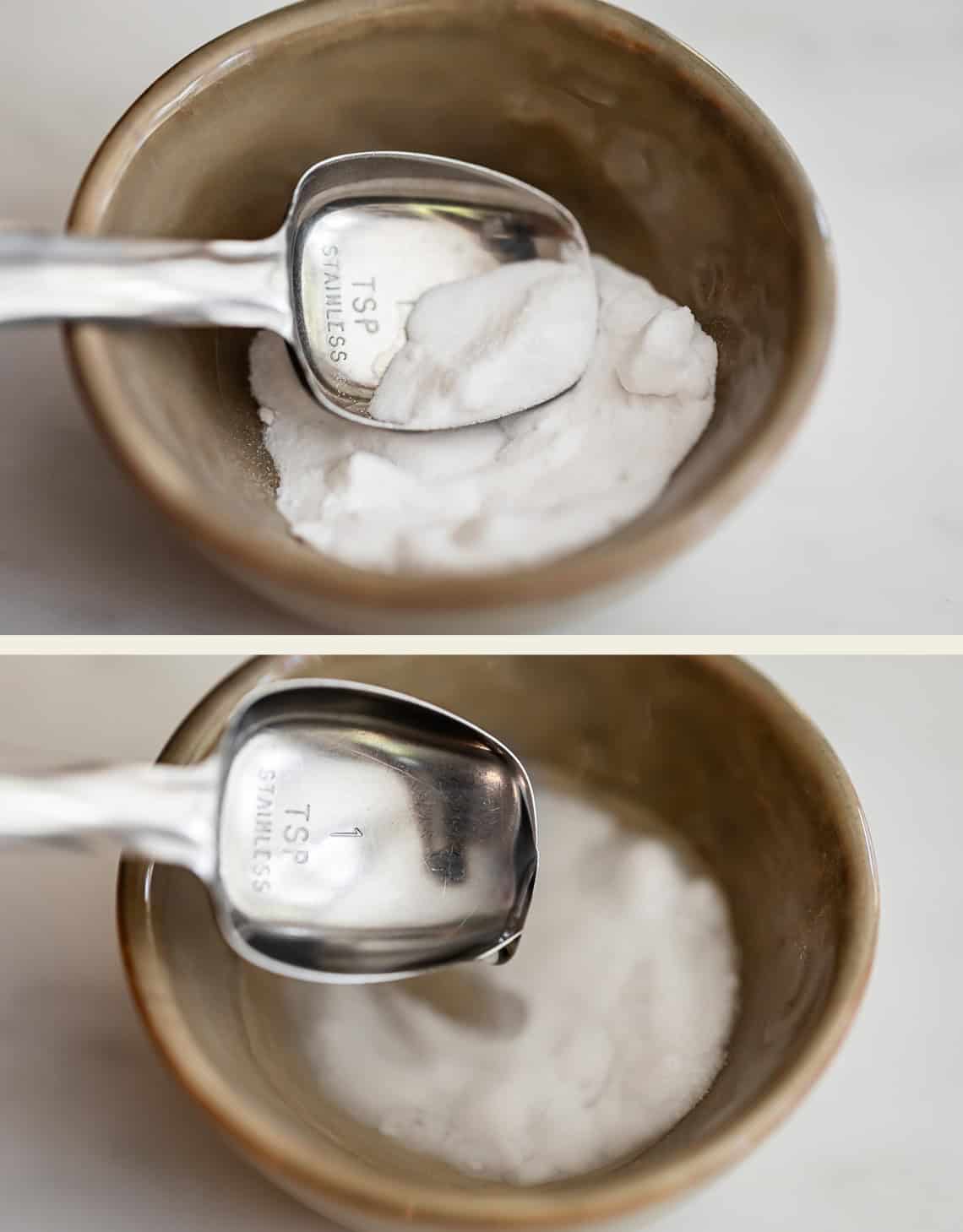 Two photos show a metal teaspoon labeled 1 TSP STAINLESS filled with white powder, possibly baking soda, held above a brown ceramic bowl containing more of the same powder.