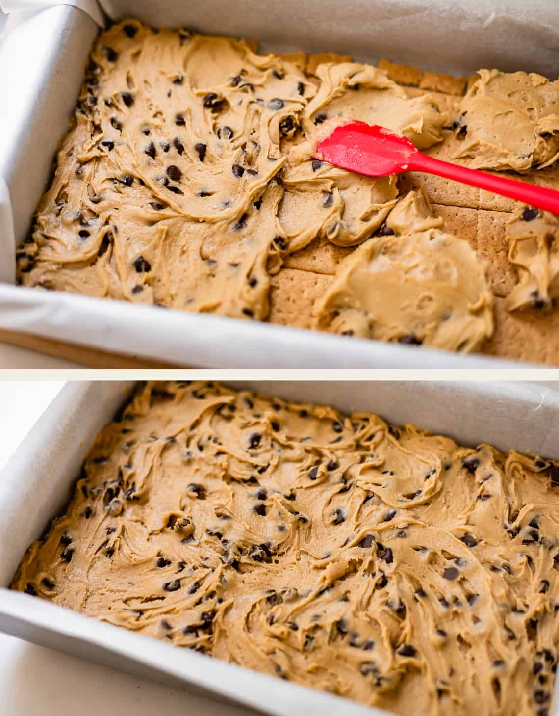 Chocolate chip cookie dough is being spread with a red spatula over a layer of graham crackers in a parchment-lined baking pan. The second image shows the pan fully covered with the cookie dough.