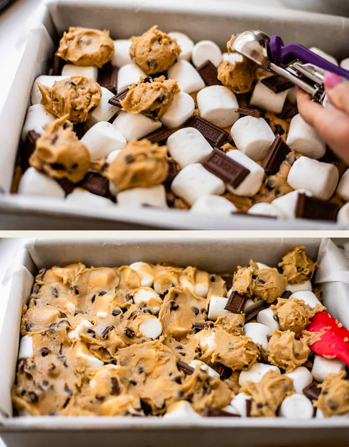 Two images show a baking pan filled with marshmallows, chocolate pieces, and cookie dough. The top image includes dough being scooped; the bottom shows the mixture more evenly spread.