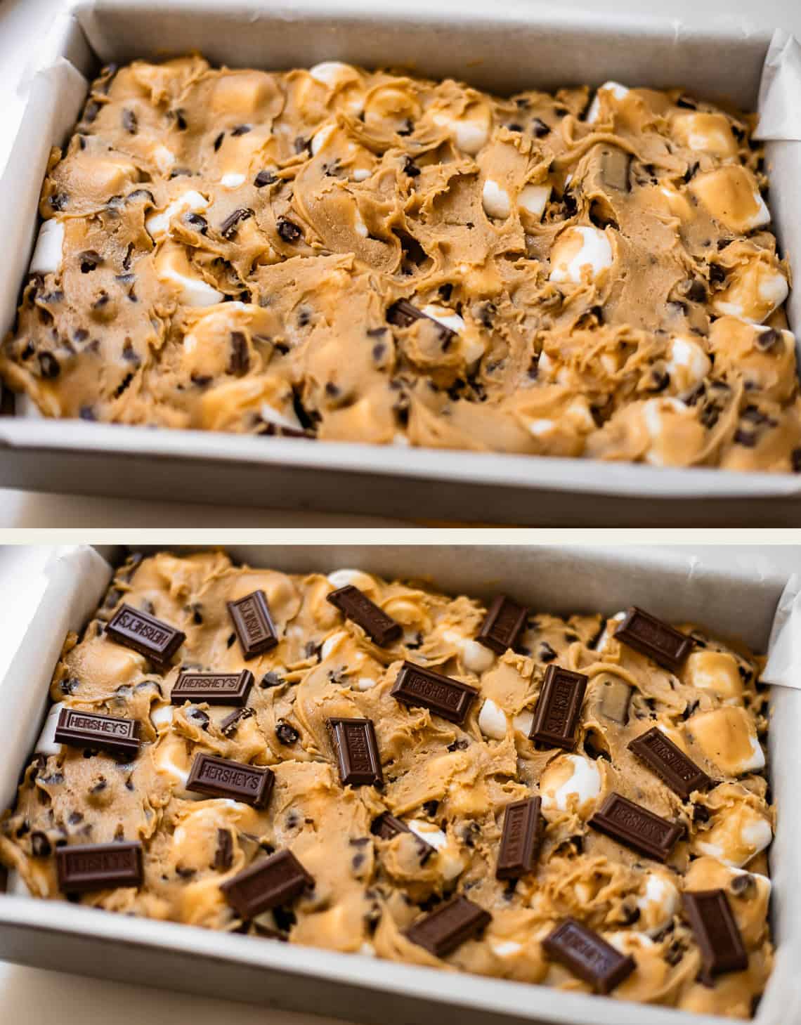 Two images show a baking pan with unbaked cookie dough. The second image has chunks of Hersheys milk chocolate bars added on top of the dough. Both pans are lined with parchment paper.