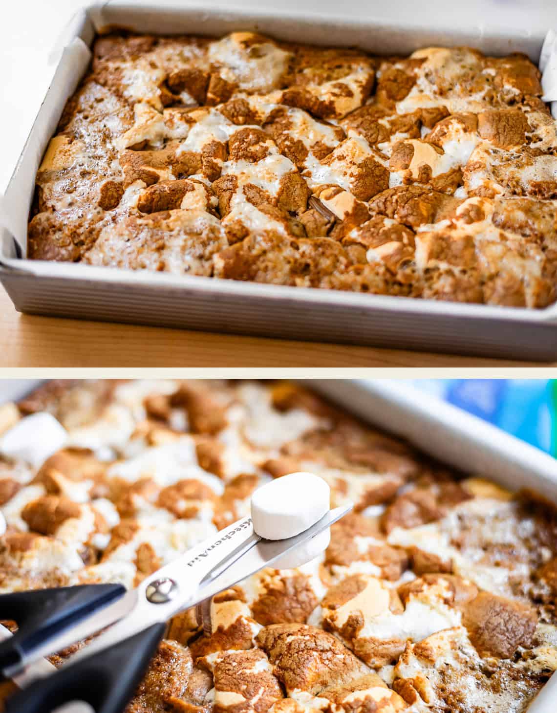 A baked dessert with toasted marshmallows in a pan, and a close-up of a marshmallow being cut in half with kitchen scissors on a measuring spoon.
