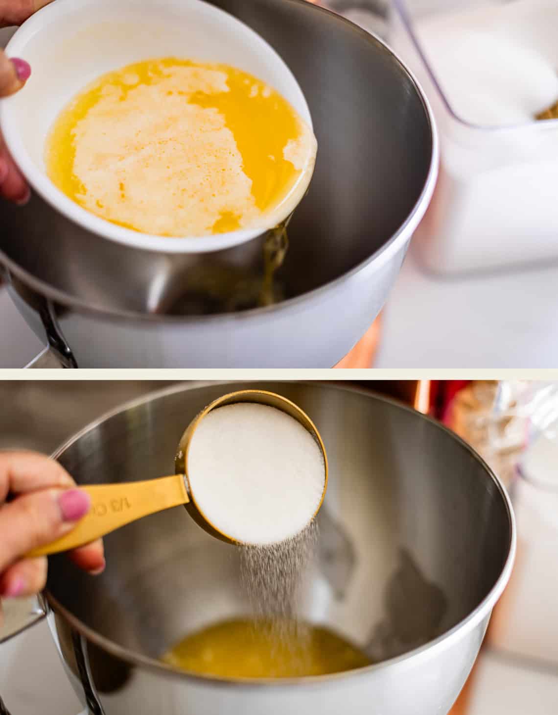 Two photos: Melted butter is poured into a mixing bowl, then granulated sugar is added from a measuring cup into the same bowl. Both shots focus on the mixing process for baking.