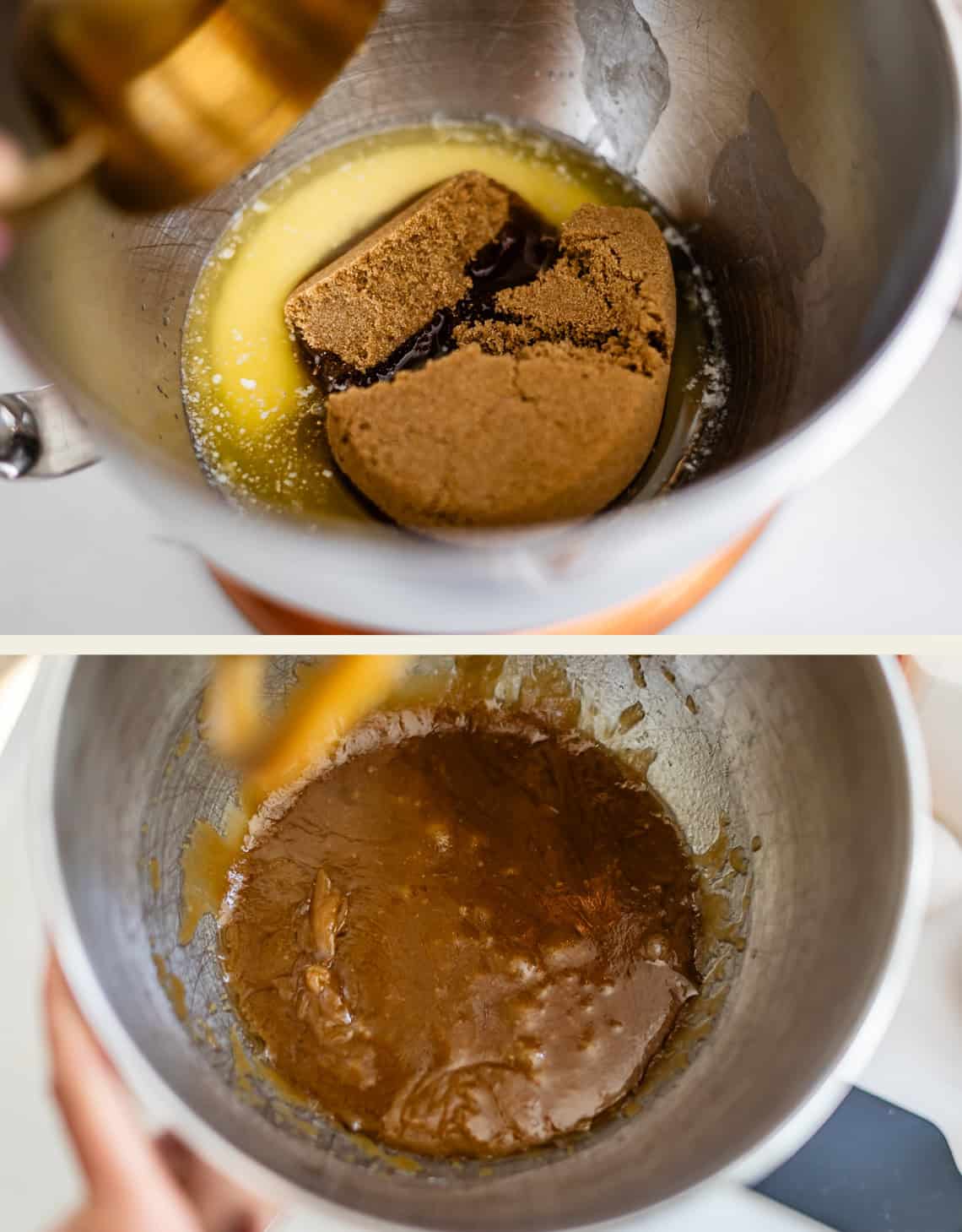 Two images: The first shows brown sugar, melted butter, and vanilla in a mixing bowl. The second shows the same bowl with the ingredients mixed together into a smooth, brown mixture.