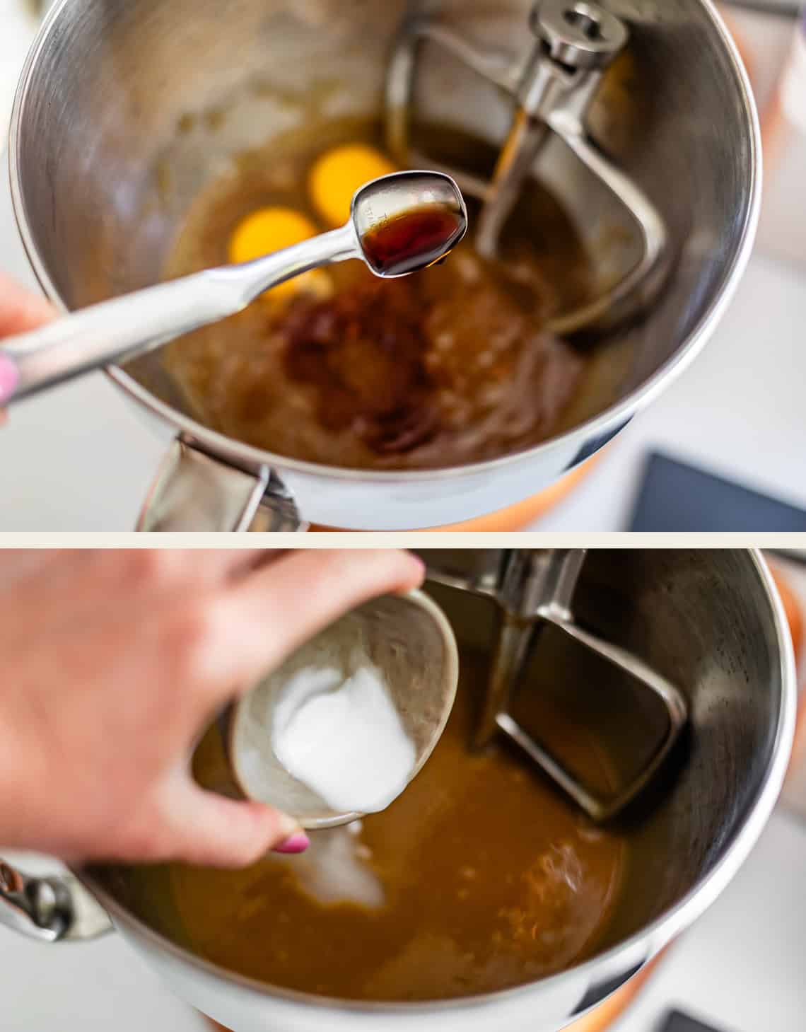 Two images: A close-up of a stand mixer bowl with eggs and vanilla added; the second shows a hand adding baking soda, mixing batter for baking.