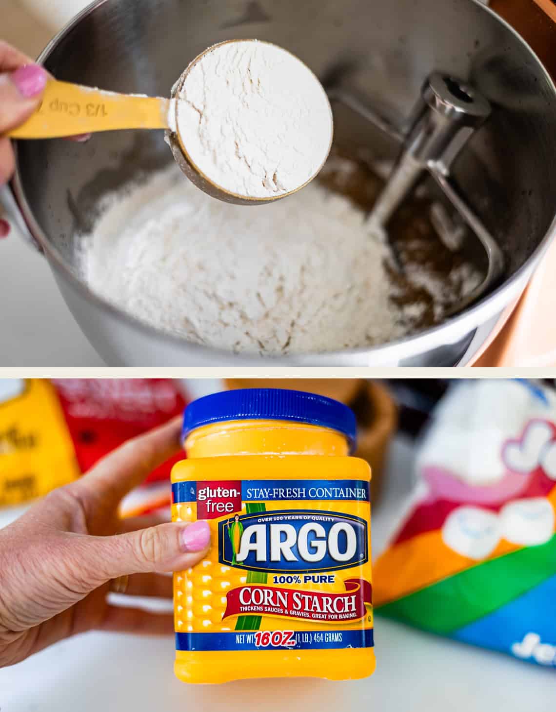A hand holds a measuring cup of flour over a mixing bowl. Below, a hand holds a yellow container of Argo corn starch in front of colorful grocery items.
