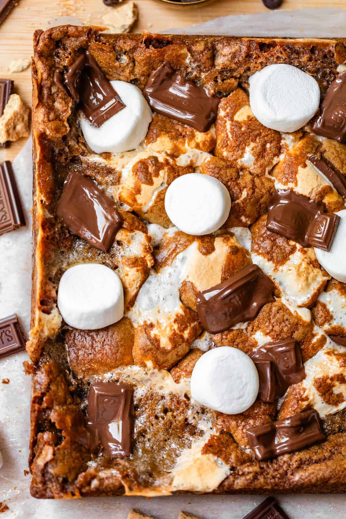 A close-up of a baked smores dessert topped with melted chocolate pieces and toasted marshmallows on a golden-brown crust.