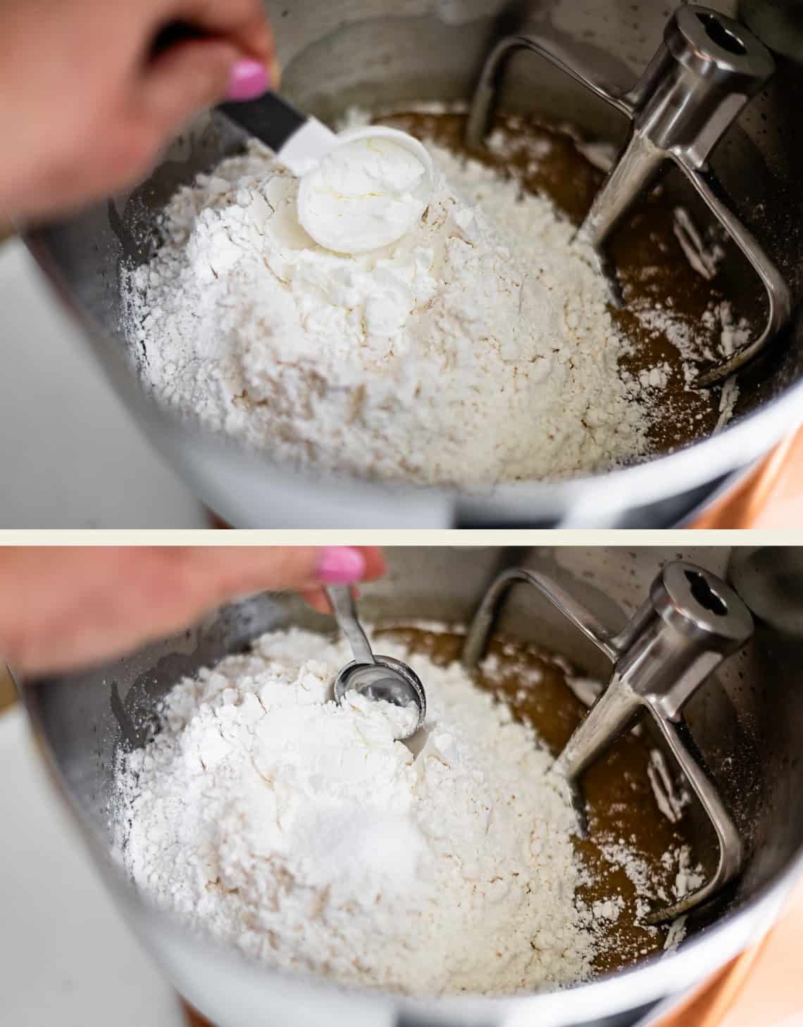 Two images show a hand adding white powder, likely baking ingredients, with a measuring spoon to a mixing bowl filled with flour and other ingredients in a stand mixer.
