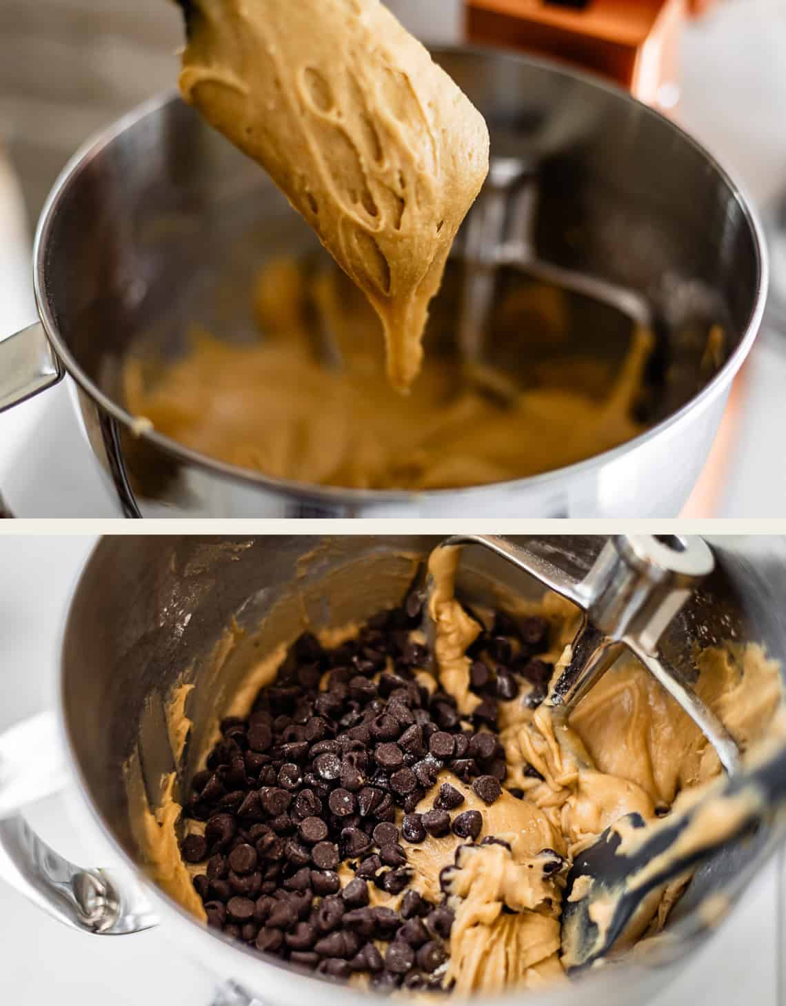 Two images show a mixing bowl: the first with cookie dough on a spatula, the second with chocolate chips added to the dough, ready to be mixed, in a stand mixer.