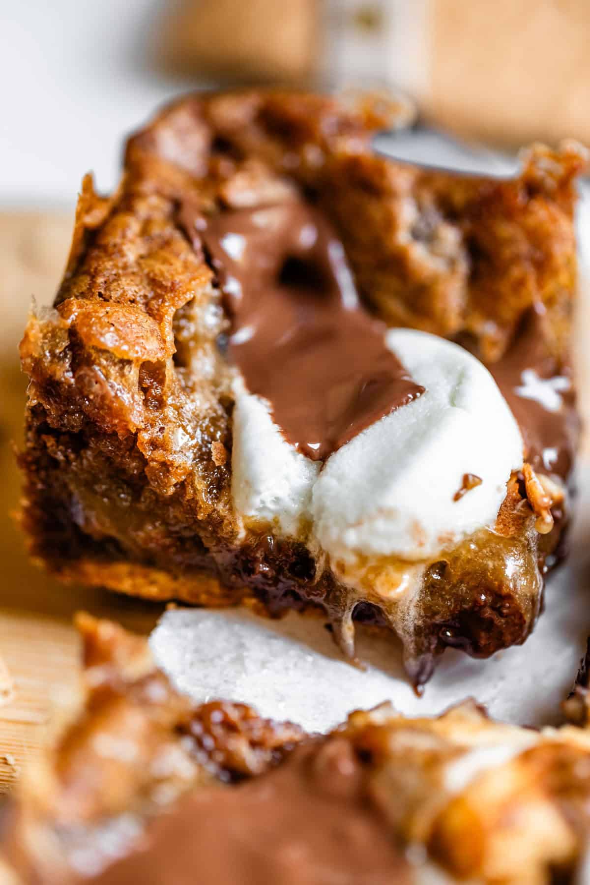 A close-up of a gooey smores bar, showing melted chocolate, toasted marshmallow, and a crumbly graham cracker crust.