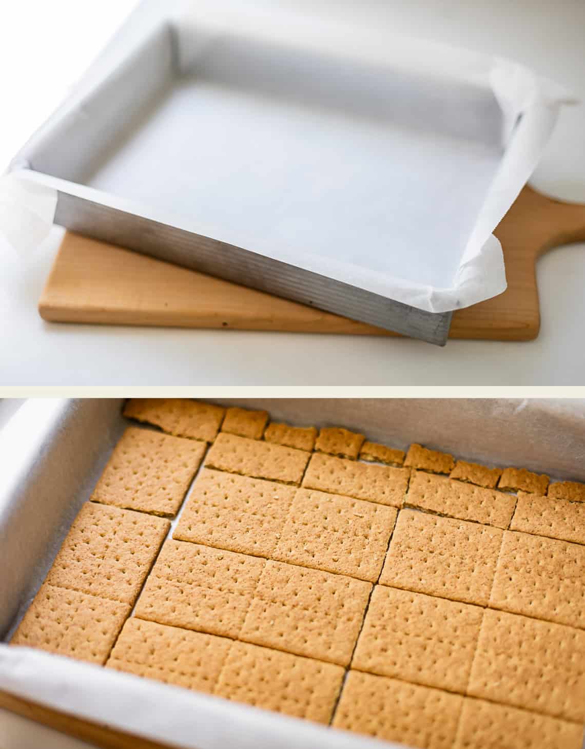 Top: An empty baking pan lined with parchment paper. Bottom: The same pan now neatly lined with graham cracker squares.