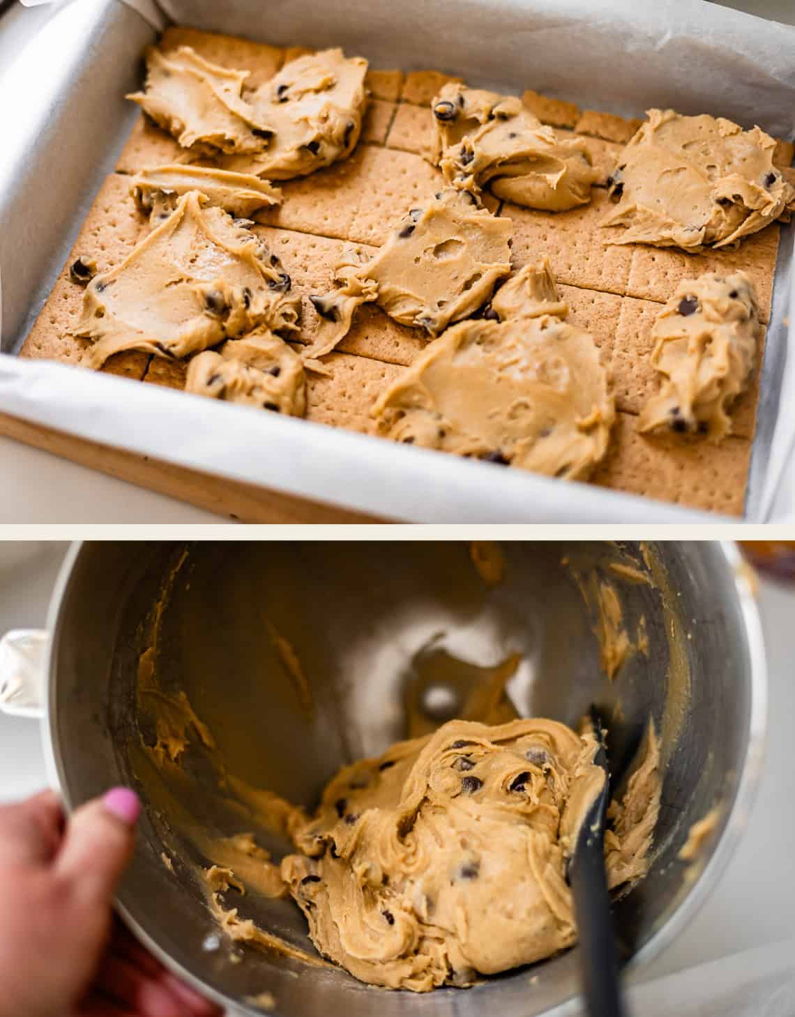 Two images: The top shows cookie dough spread over graham crackers in a baking pan. The bottom shows a bowl with remaining cookie dough being mixed with a spatula.