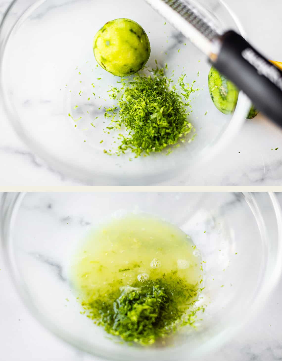 Top: A bowl with lime zest, a zester, and a lime. Bottom: A bowl with lime juice and zest mixed together.