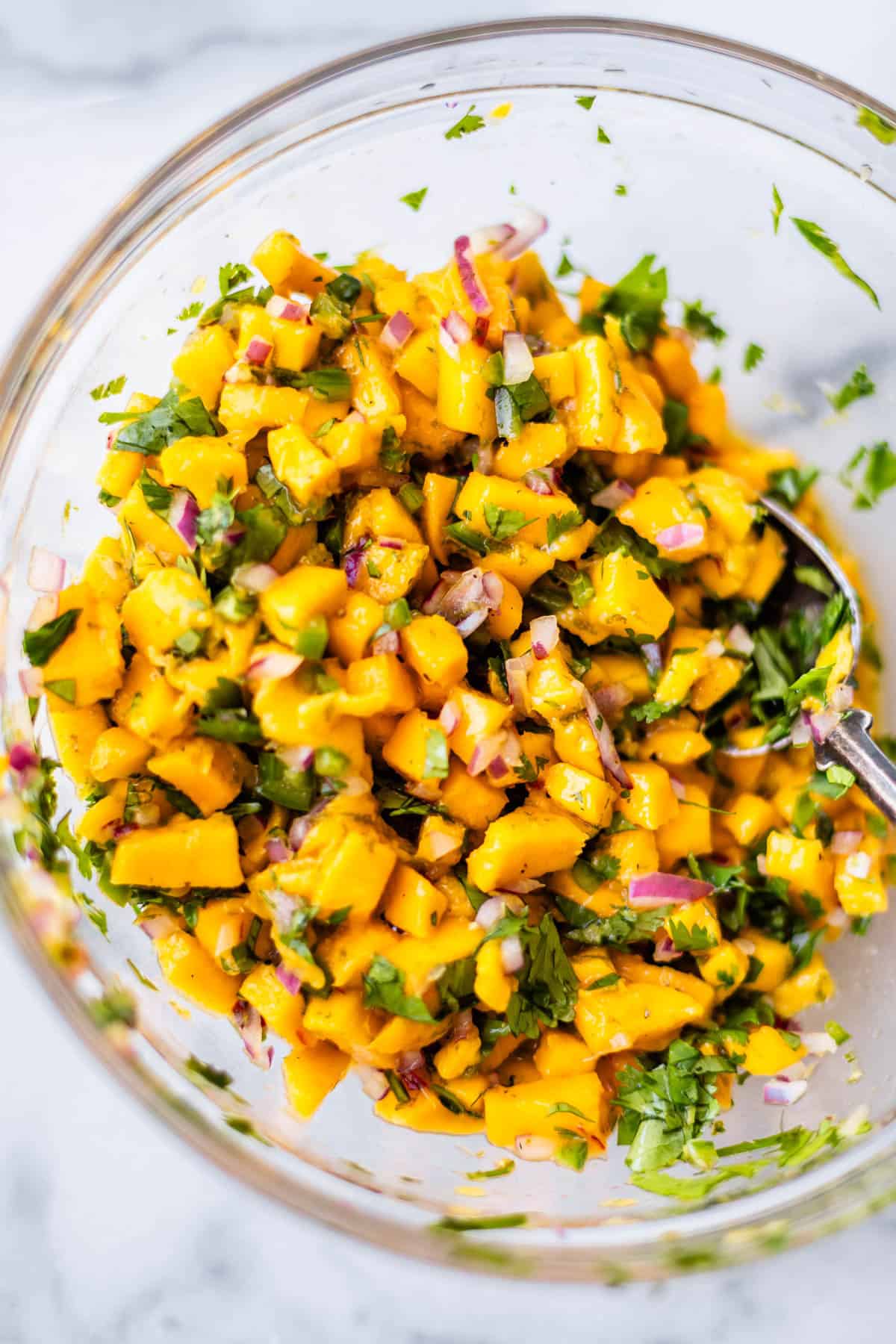 A glass bowl filled with vibrant mango salsa, featuring diced mango, red onion, cilantro, and jalapeño, with a spoon resting inside.