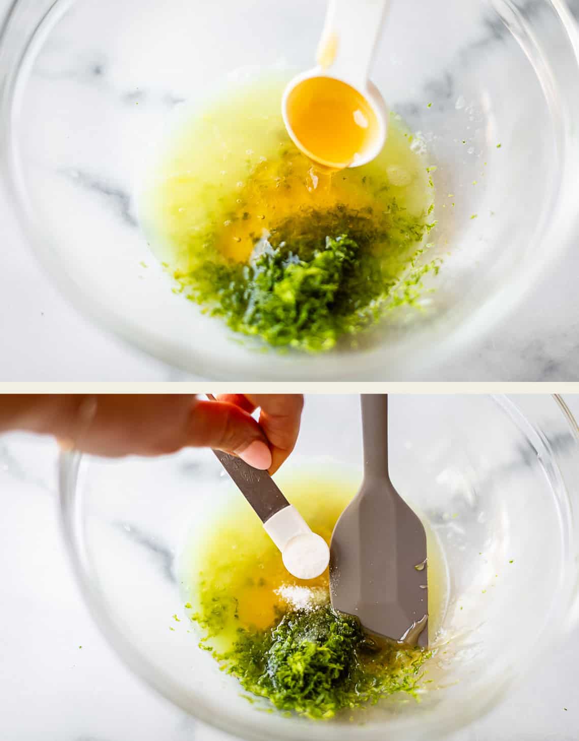 Two images: a bowl with liquid and green zest, a spoon pouring in yellow liquid above it; a hand adds white powder from a spoon into the same bowl, next to a gray spatula.