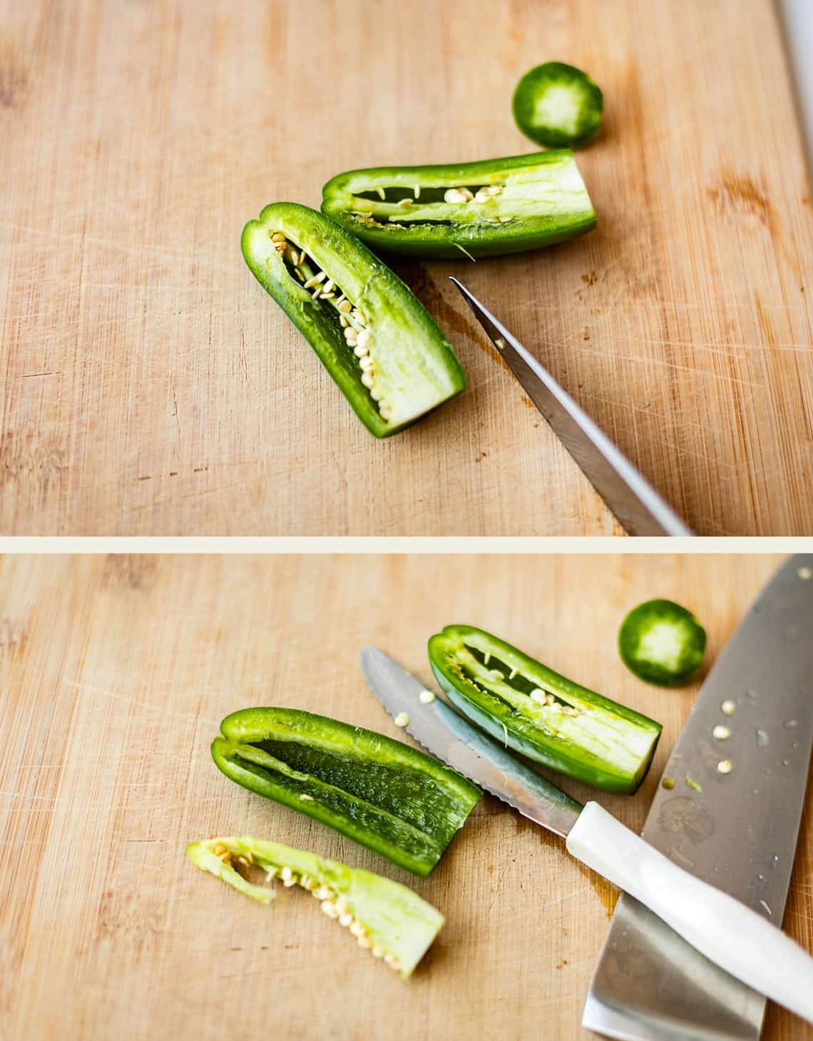 Top: A jalapeño pepper cut in half with seeds visible on a wooden board next to a knife. Bottom: One jalapeño half being deseeded using a small knife, with a chefs knife and seeds nearby.
