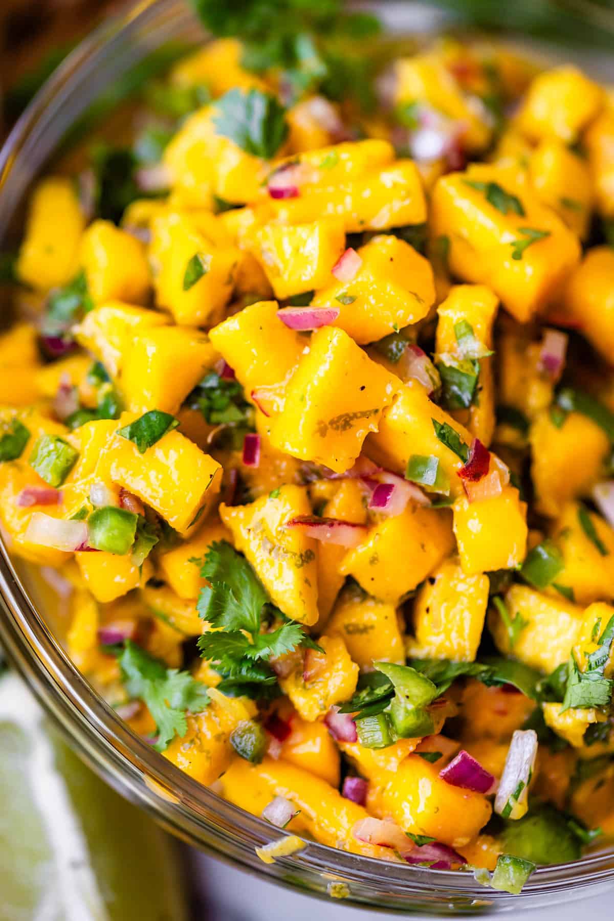 A close-up of a bowl filled with vibrant mango salsa, featuring diced mango, red onion, cilantro, and green peppers, with a lime wedge partially visible in the corner.