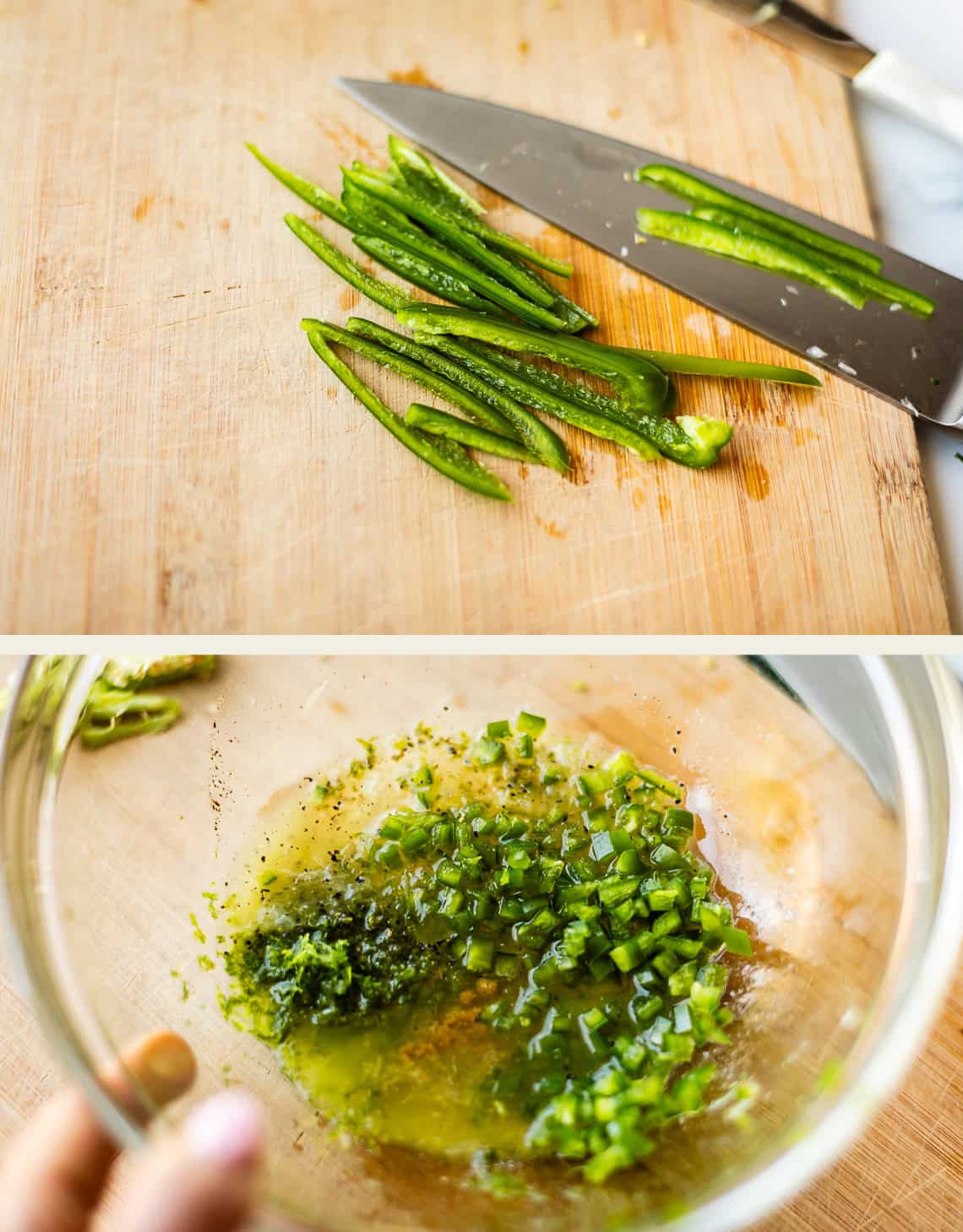 Sliced green chili peppers on a cutting board with a knife, and chopped peppers mixed in a bowl with oil and seasonings.