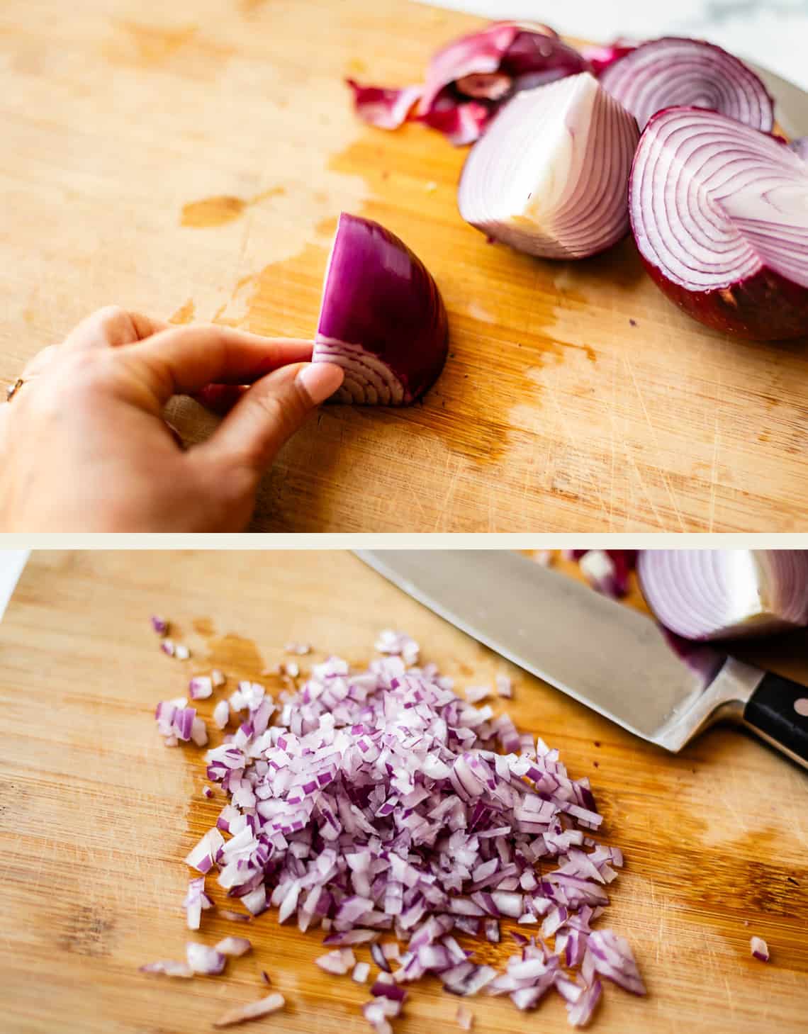 A hand holds a piece of red onion on a cutting board in the top image. The bottom image shows finely chopped red onion next to a kitchen knife on the same board.