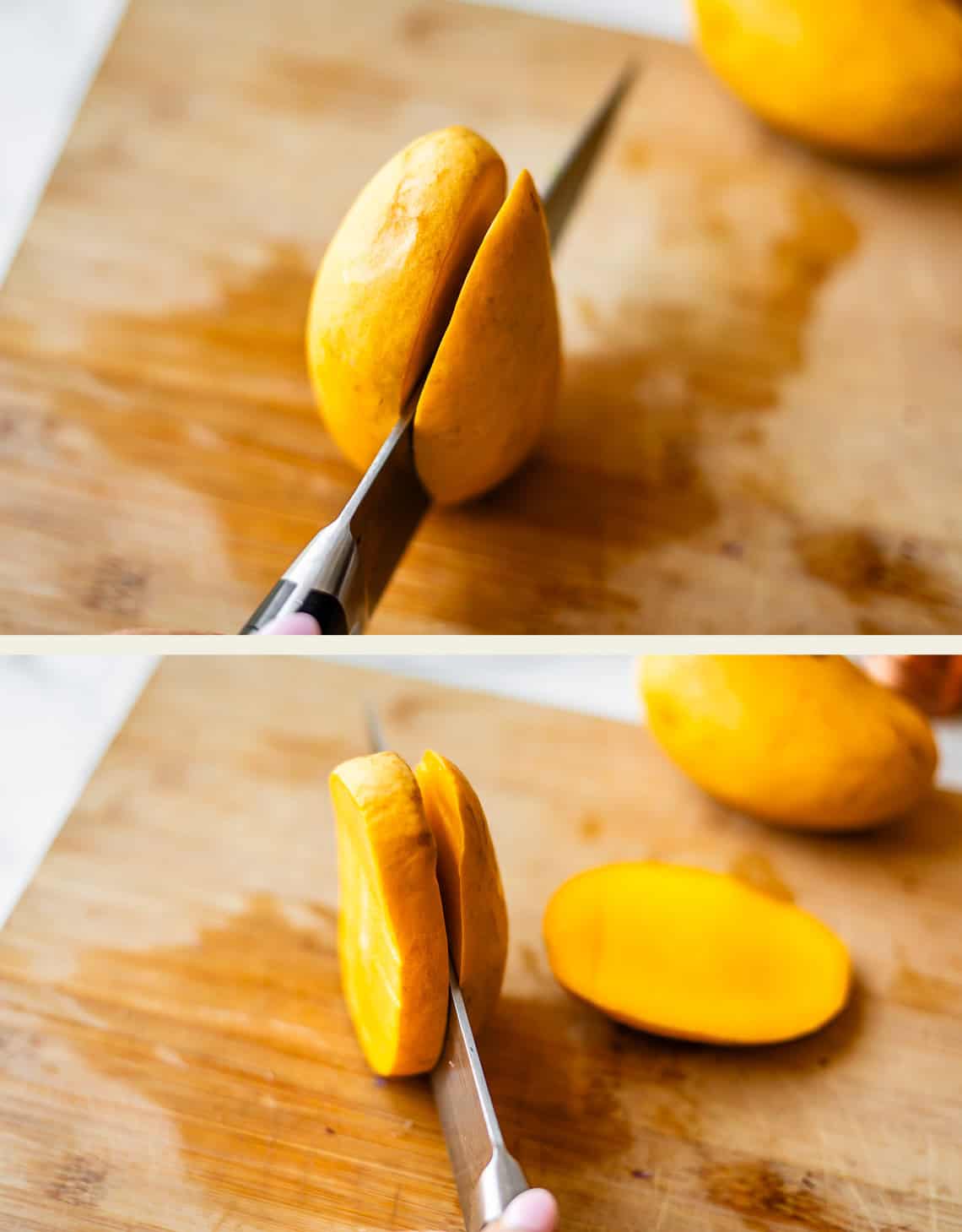 Two images show a mango being sliced on a wooden cutting board; the first image shows the knife partway through, and the second shows one mango half separated from the pit.
