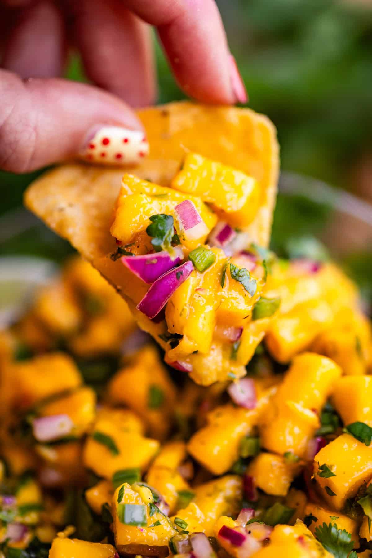 A hand with polka dot nail art holds a tortilla chip topped with fresh mango salsa, featuring diced mango, red onion, cilantro, and green peppers.