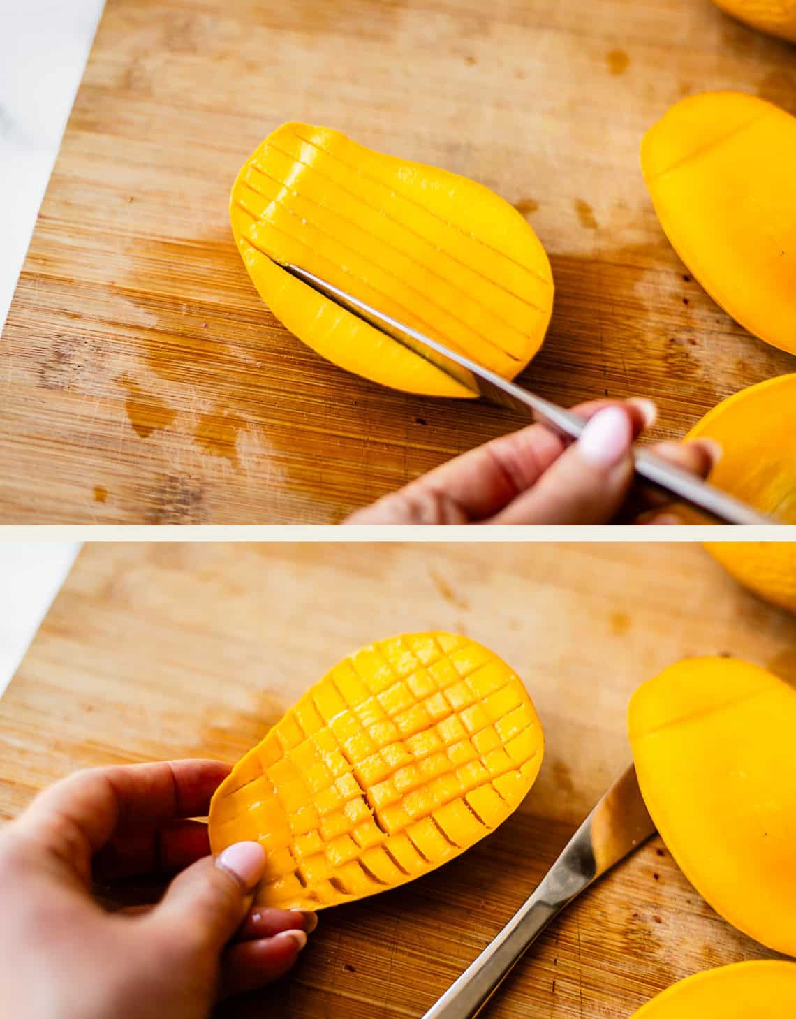 Two images show hands cutting a mango: the first image shows lengthwise slices, and the second shows crosswise cuts creating a grid pattern on the mango flesh, all on a wooden cutting board.