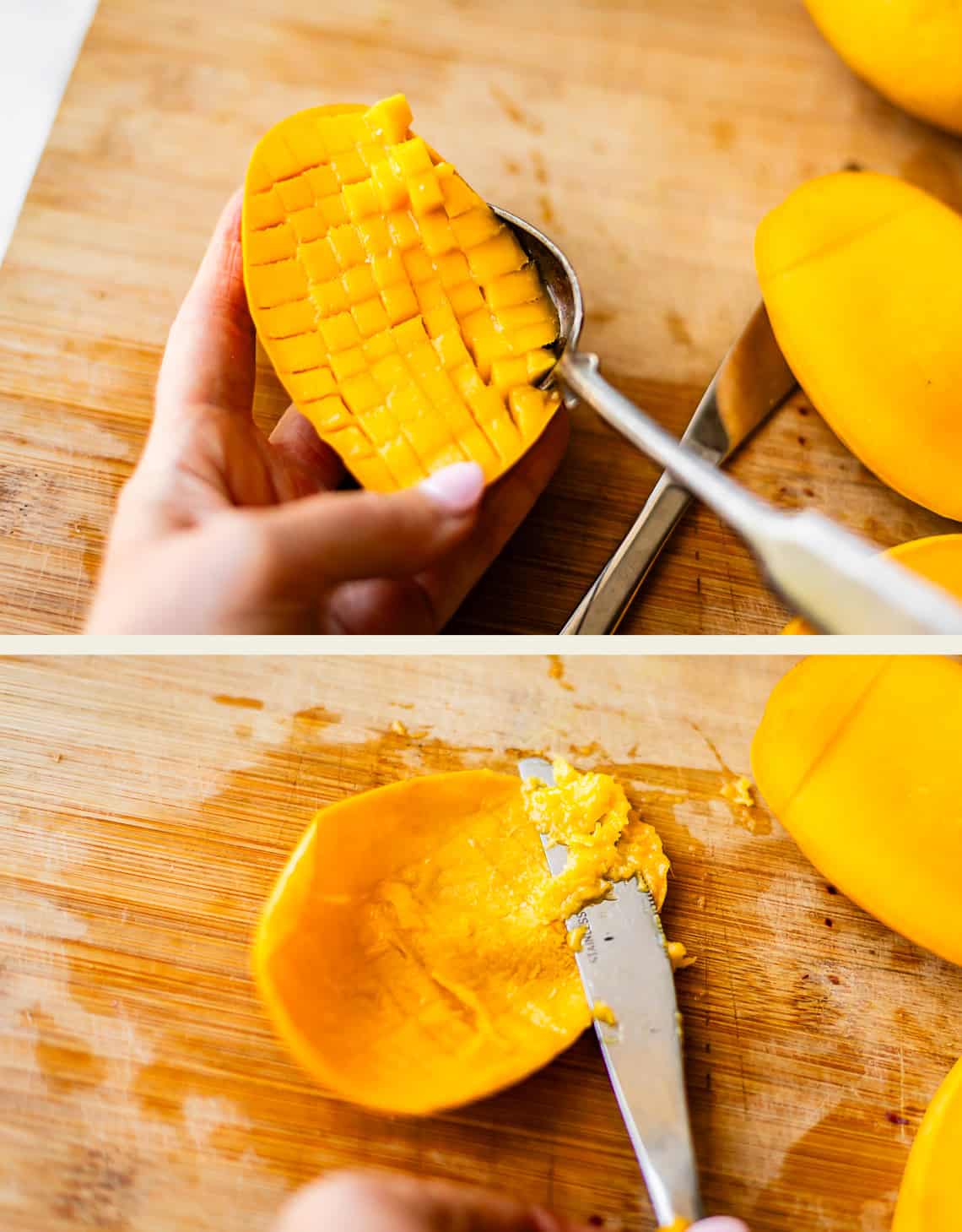 Two images show a person using a spoon and a knife to remove diced mango cubes from the peel on a wooden cutting board. The mango is vibrant yellow and freshly cut.