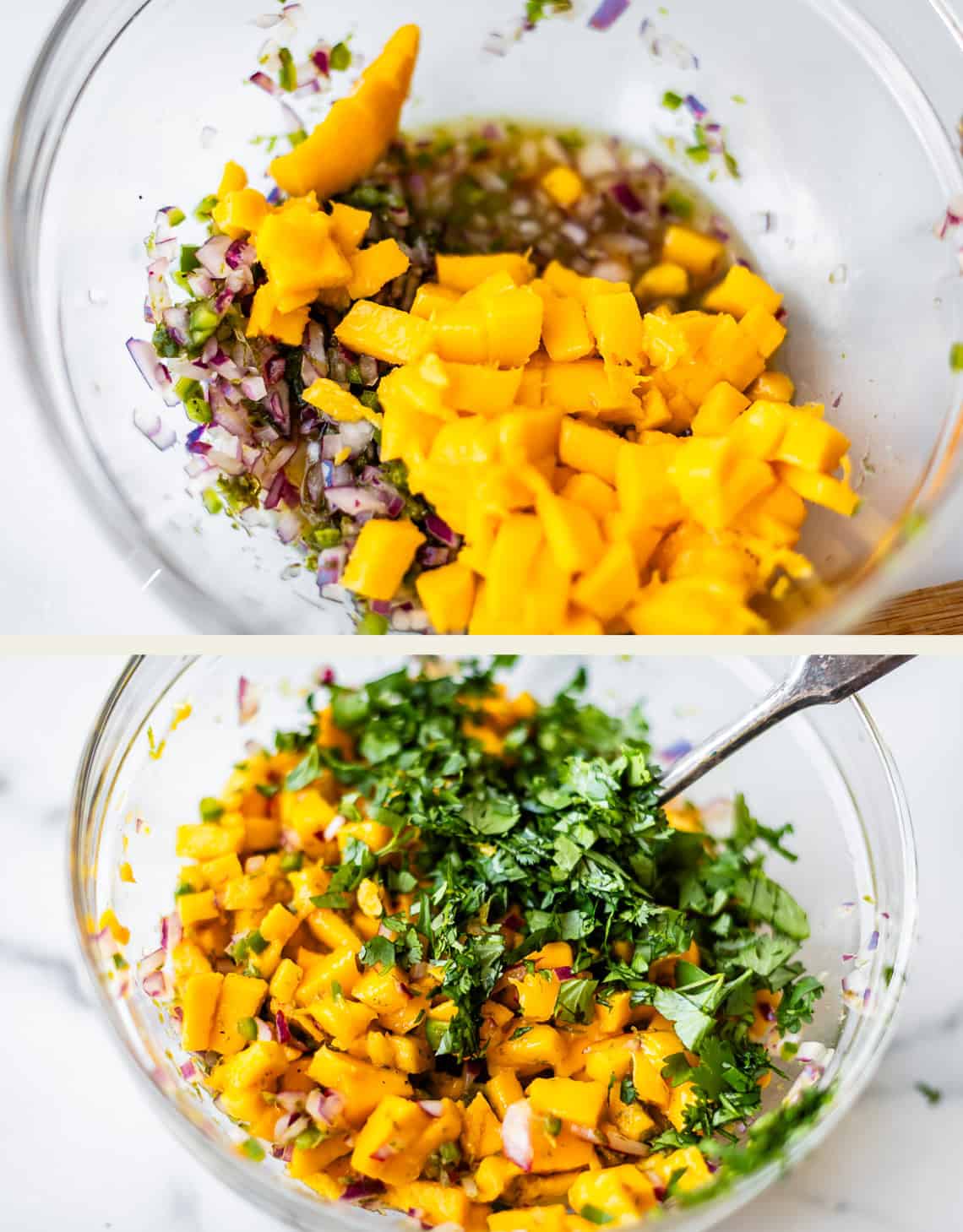 Two images of a glass bowl: first shows chopped mango, red onion, and herbs; second shows the same, now mixed with chopped cilantro and a spoon inside.