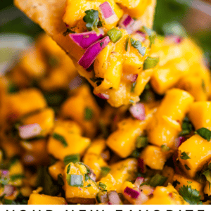 A hand holds a tortilla chip scooping mango salsa with red onion, cilantro, and herbs. Text reads: Your new favorite mango salsa. The Food Charlatan..