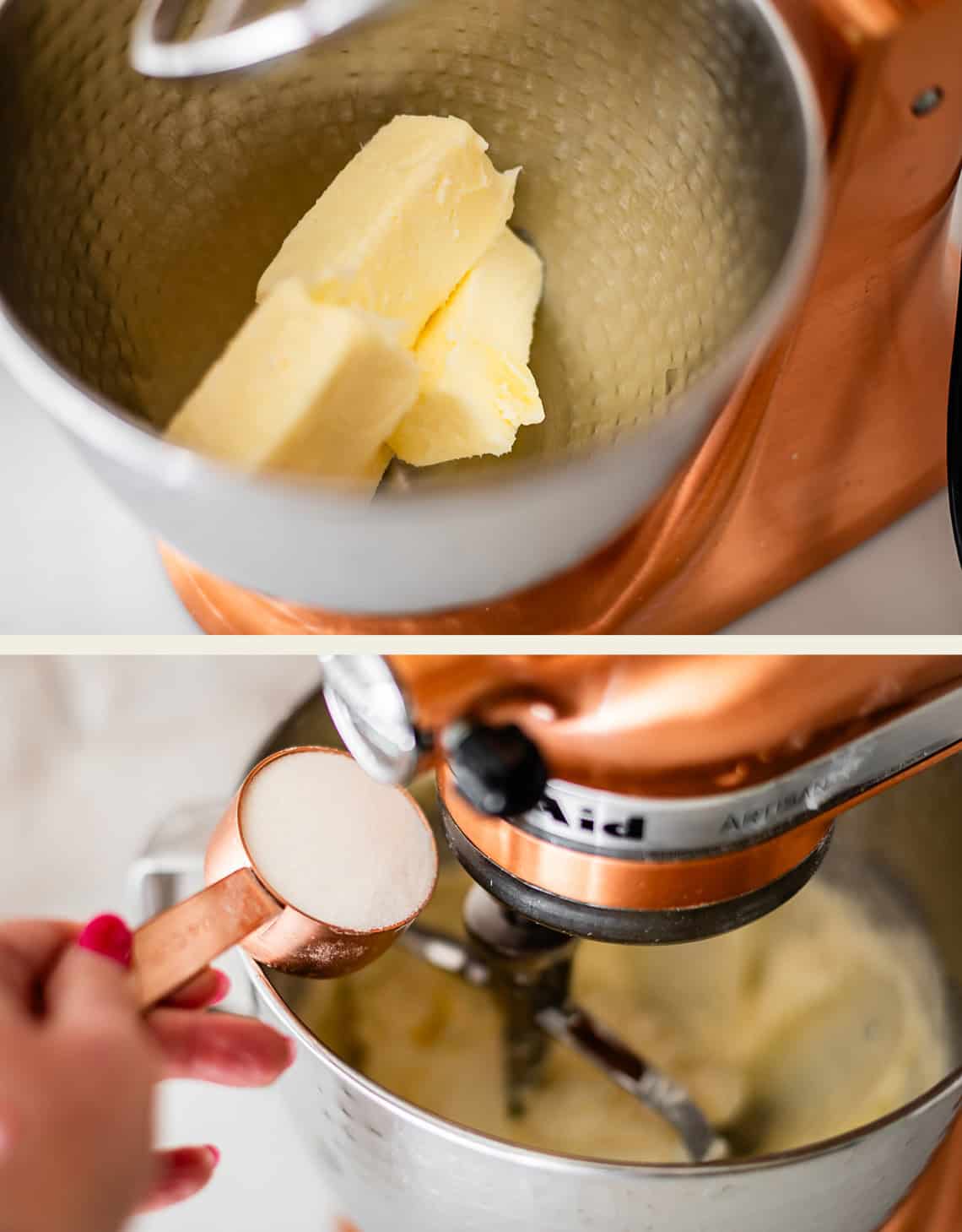 Top: Butter in a stand mixer bowl. Bottom: A hand adds sugar from a copper measuring cup into the mixing bowl while the stand mixer is running.