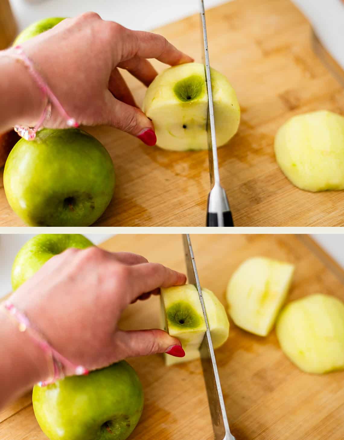 Two images show a hand slicing a peeled green apple in half with a knife on a wooden cutting board, with more green apples nearby.