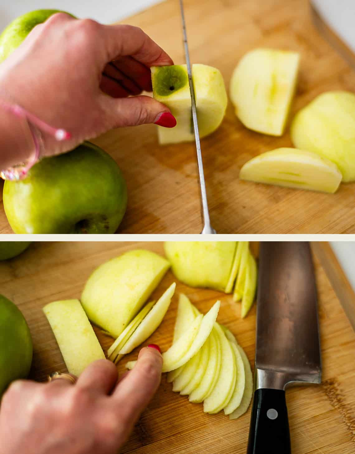 A person slices a green apple on a wooden cutting board with a knife, first removing the core and then cutting the apple into thin slices.