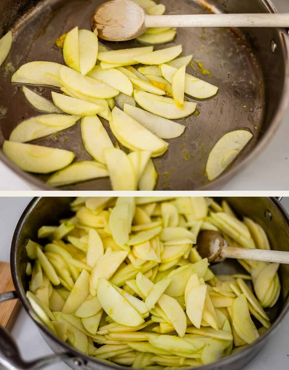 Two images show sliced apples in a pan being stirred with a wooden spoon. The top image has fewer apple slices; the bottom image shows the pan fuller with more apple slices.