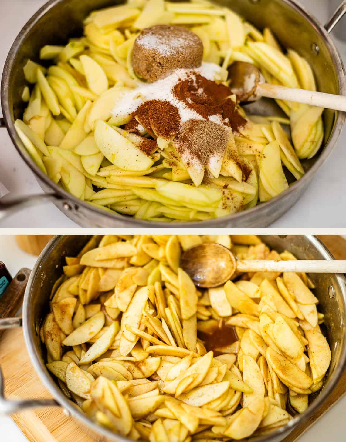 Two images of sliced apples in a pot: the top shows apples with sugar and spices on top, while the bottom shows the apples mixed with the sugar and spices. Wooden spoon visible in both.