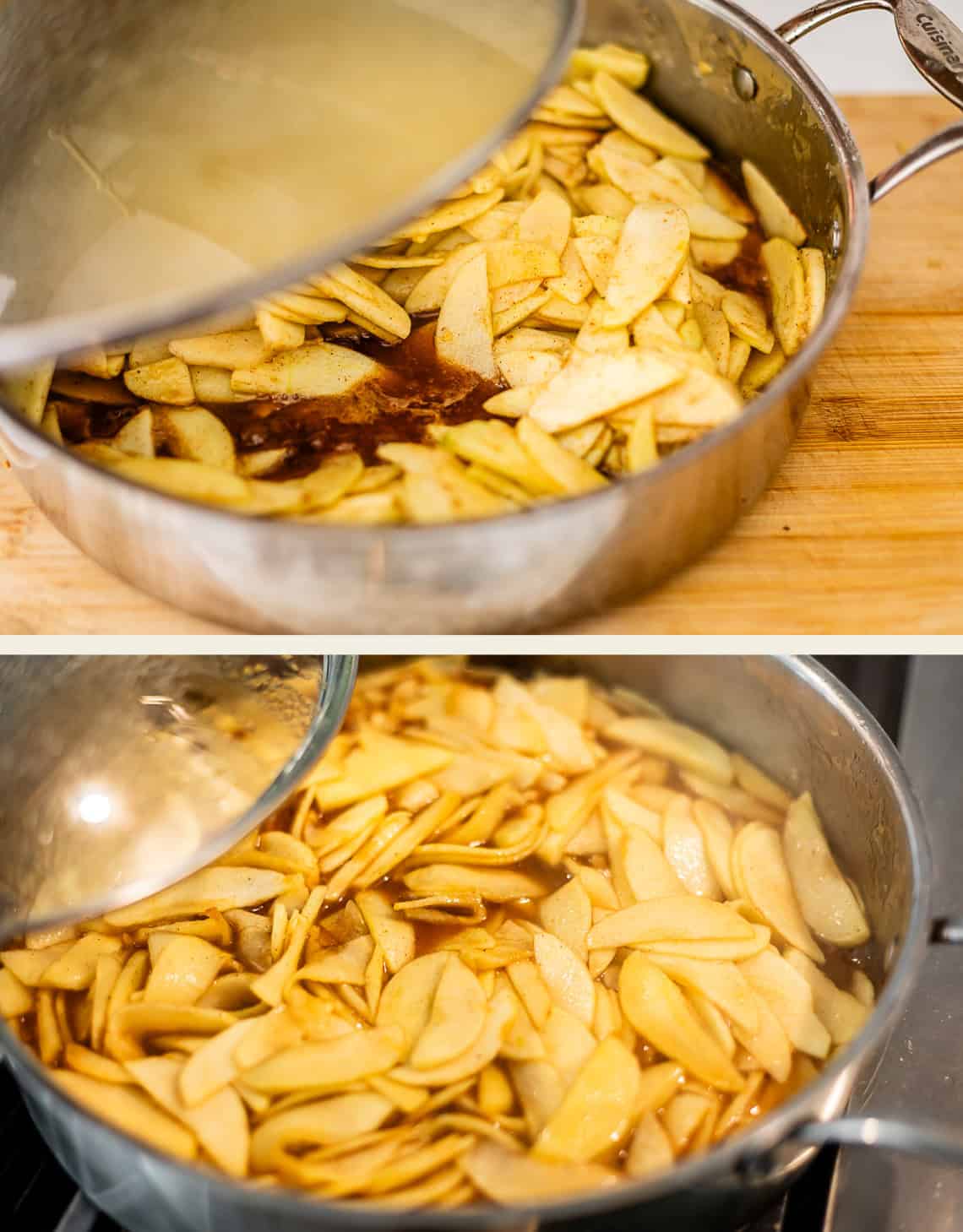 Two images show sliced apples in a pot with a partially lifted lid. The top image shows raw apples with spices, and the bottom image shows the apples softening as they cook.