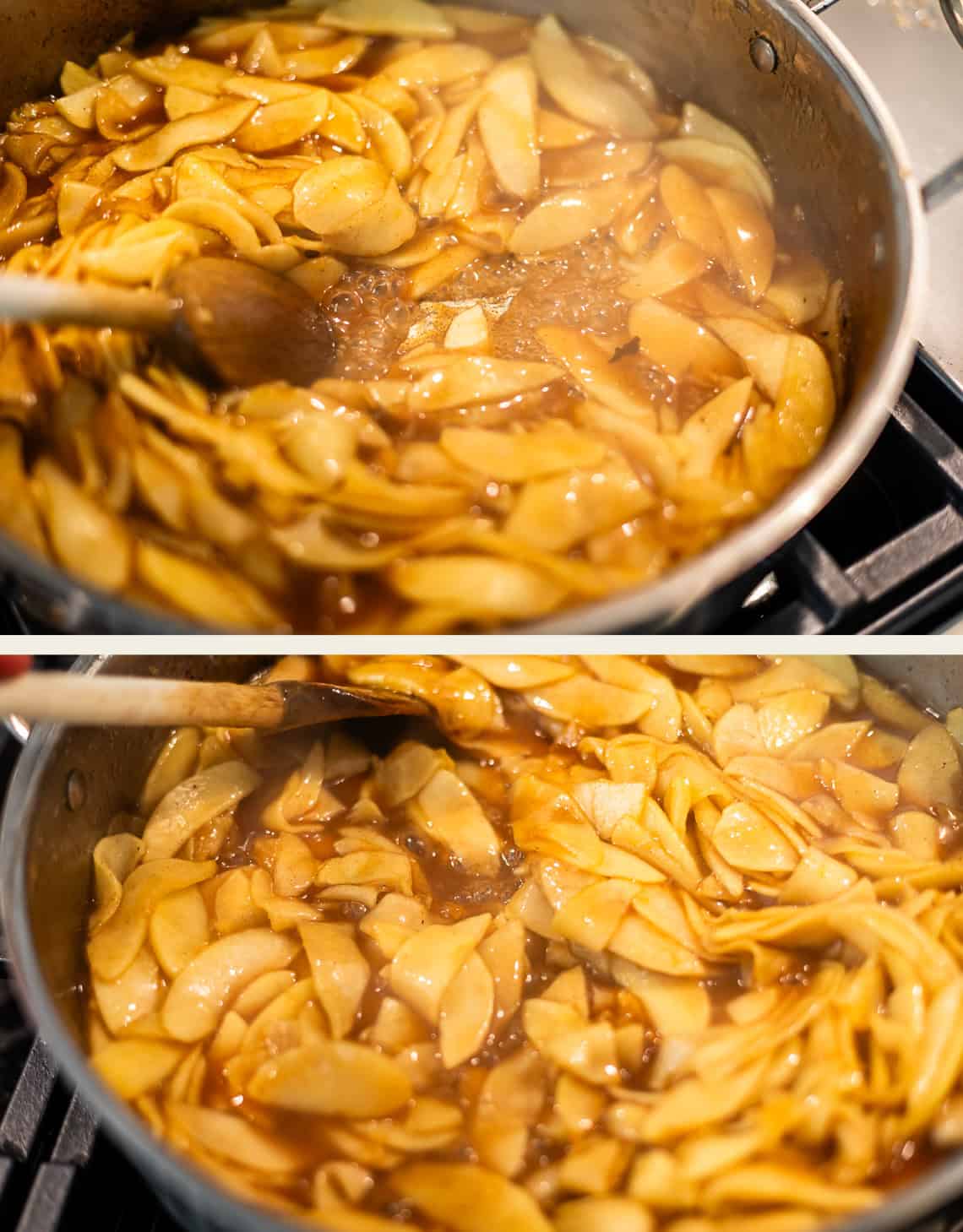 Sliced apples cooking in a pot with a thick brown sauce, being stirred with a wooden spoon. The mixture appears glossy and is simmering on a stovetop.