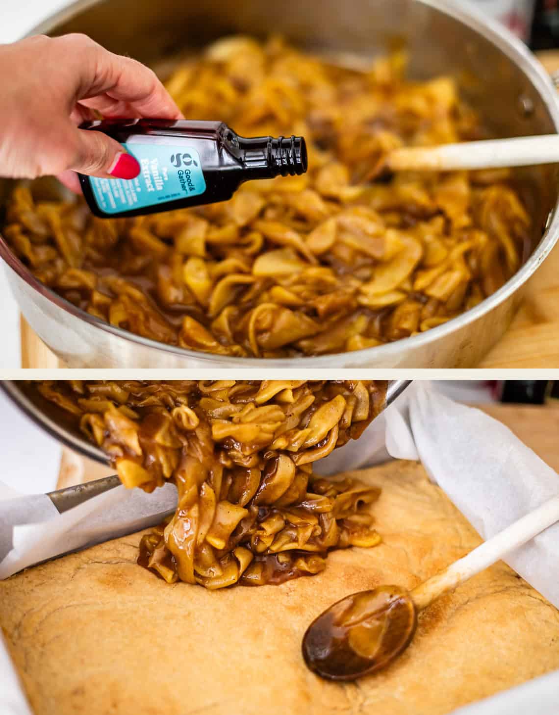 Top: A hand pours vanilla extract into a pan of cooked apple filling. Bottom: The apple filling is poured onto a baked crust lined with parchment paper, with a wooden spoon nearby.