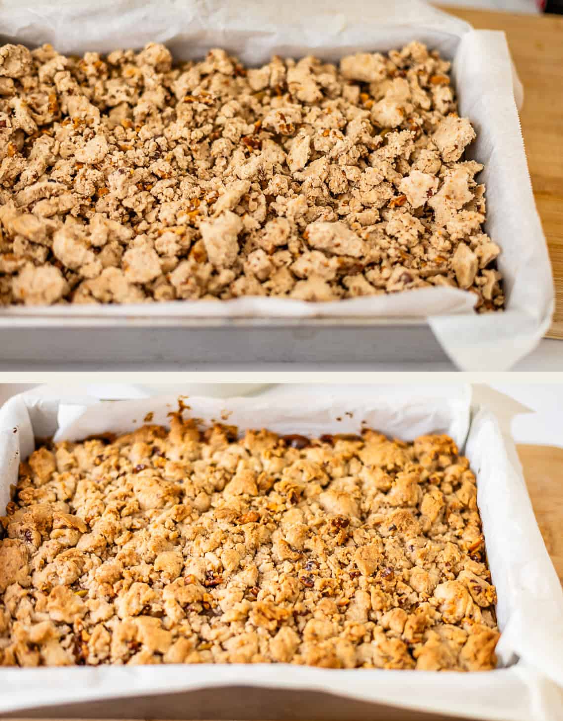 Two images of a rectangular baking pan lined with parchment paper, showing an unbaked crumb topping (top) and the same topping baked to a golden brown (bottom).