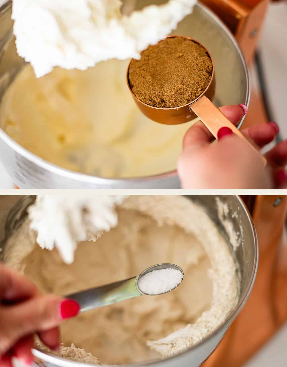 A person with red nail polish adds brown sugar to a mixing bowl, then adds salt using a measuring spoon in a stand mixer with creamy ingredients.