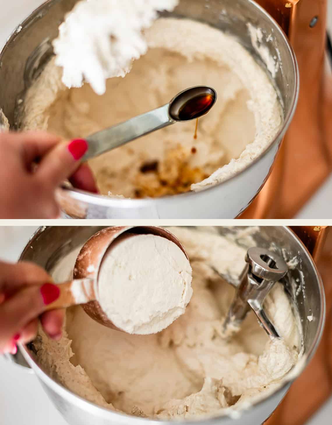 A person adds vanilla with a measuring spoon to dough in a stand mixer, then adds flour with a measuring cup in a second image. The dough is light-colored and the mixer is metallic.