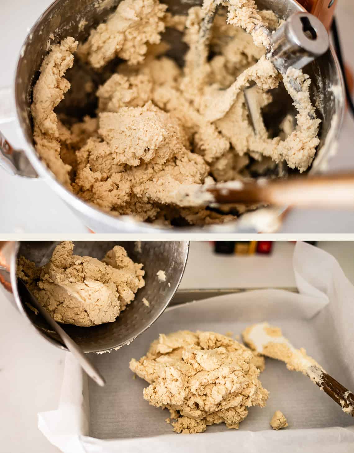 Two images: cookie dough in a mixer bowl with a paddle attachment, and dough being poured from the bowl into a parchment-lined baking pan using a spatula.