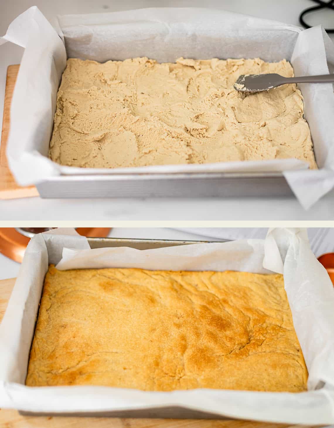 Two images: The top shows raw dough being spread in a parchment-lined baking pan. The bottom shows the same pan with the dough baked into a golden-brown cake.