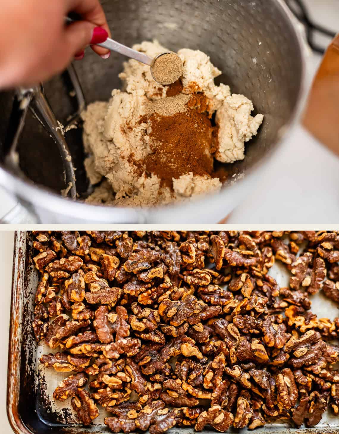 A hand adds spices to dough in a mixing bowl in the top image. The bottom image shows spiced, roasted walnuts spread out on a baking sheet.