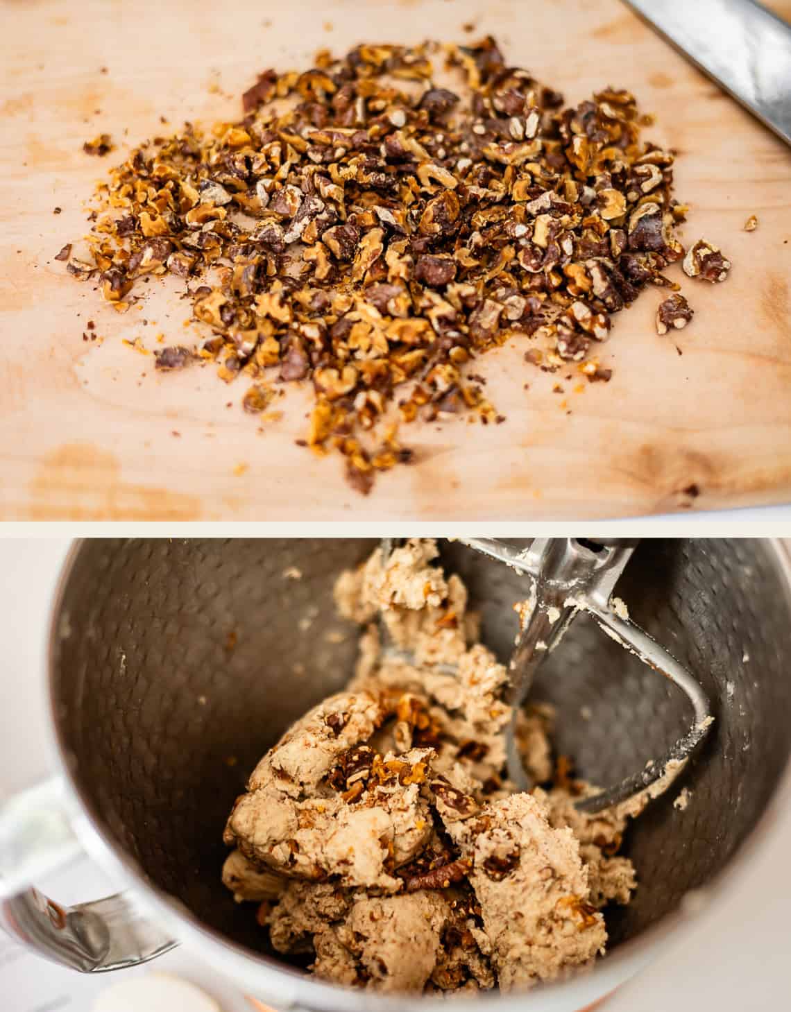 Chopped nuts and chocolate on a cutting board in the top image; cookie dough with mix-ins in a metal mixing bowl with a paddle attachment in the bottom image.