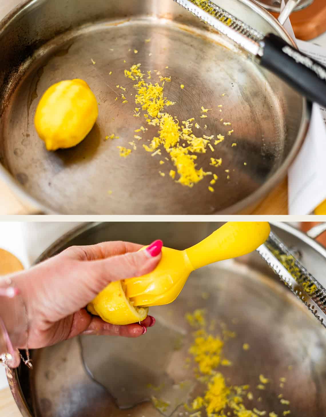 A saucepan with lemon zest and a whole lemon. In the next frame, a hand uses a yellow citrus juicer to squeeze lemon juice into the pan. A zester and the lemon are nearby.